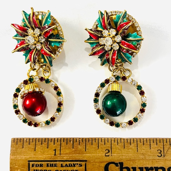 Lunch at the Ritz Poinsettia Holiday Dangle pierced Earrings - Picture 5 of 6